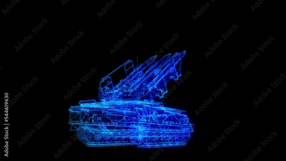 Mobile missile system. Glowing neon particles and blue lights formation of 3d model. Looping motion animated anti-aircraft missile system. Mobile missile system. Glowing neon particles and blue lights formation of 3d model. Looping motion animated anti-aircraft missile system.