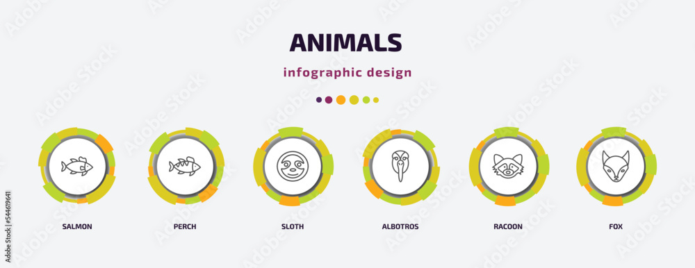 animals infographic template with icons and 6 step or option. animals icons such as salmon, perch, sloth, albotros, racoon, fox vector. can be used for banner, info graph, web, presentations. animals infographic template with icons and 6 step or option. animals icons such as salmon, perch, sloth, albotros, racoon, fox vector. can be used for banner, info graph, web, presentations.