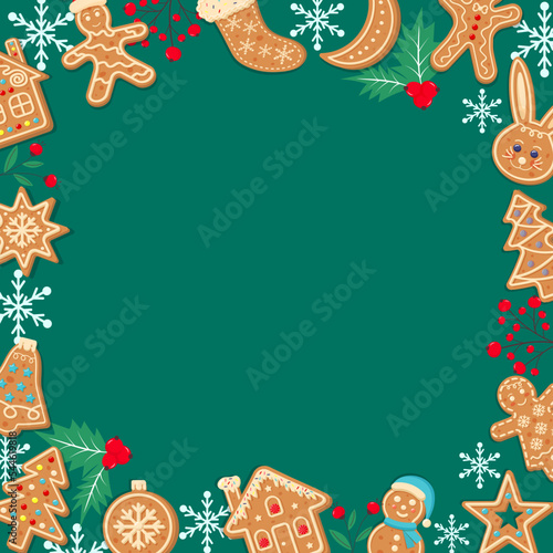 Green christmas gingerbread background. Xmas design with winter cookies, holly berries, snowflakes. Empty space for your text. Template for cards, banner, poster.