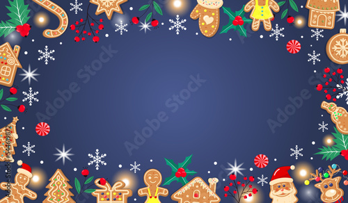Horizontal dark blue Christmas gingerbread background. Xmas design with cookies, winter berries, snowflakes, snow, lights and candies. Empty space for your text. 