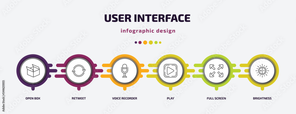 user interface infographic template with icons and 6 step or option. user interface icons such as open box, retweet, voice recorder, play, full screen, brightness vector. can be used for banner, user interface infographic template with icons and 6 step or option. user interface icons such as open box, retweet, voice recorder, play, full screen, brightness vector. can be used for banner,