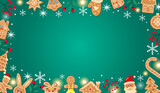 Horizontal green Christmas gingerbread background. Xmas design with cookies, winter berries, snowflakes, snow and lights. Empty space for your text. Template for cards, banner, poster, invitation.
