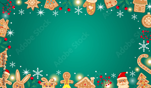 Horizontal green Christmas gingerbread background. Xmas design with cookies  winter berries  snowflakes  snow and lights. Empty space for your text. Template for cards  banner  poster  invitation.