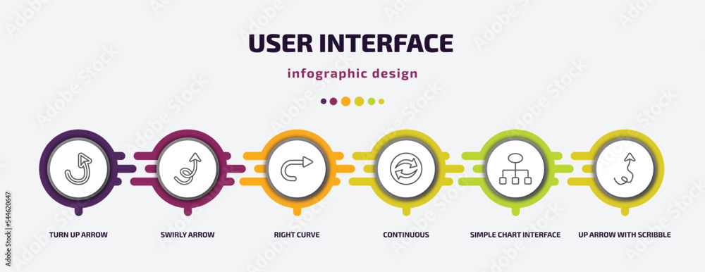 user interface infographic template with icons and 6 step or option. user interface icons such as turn up arrow, swirly arrow, right curve, continuous, simple chart interface, up arrow with scribble user interface infographic template with icons and 6 step or option. user interface icons such as turn up arrow, swirly arrow, right curve, continuous, simple chart interface, up arrow with scribble