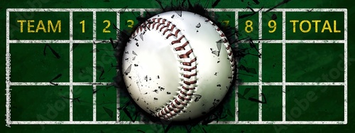 Photography 3d illustration of baseball ball stuck in scoreboard