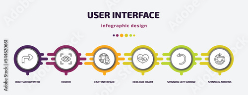 user interface infographic template with icons and 6 step or option. user interface icons such as right arrow with turn, viewer, cart interface, ecologic heart, spinning left arrow, spinning arrows