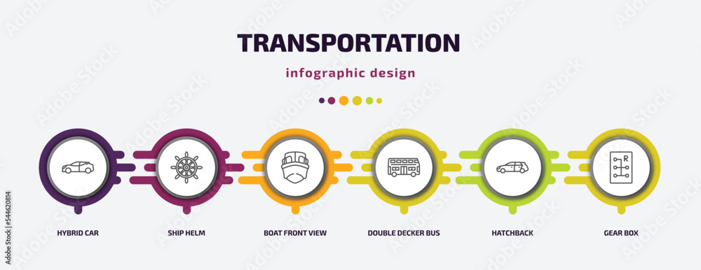 transportation infographic template with icons and 6 step or option. transportation icons such as hybrid car, ship helm, boat front view, double decker bus, hatchback, gear box vector. can be used transportation infographic template with icons and 6 step or option. transportation icons such as hybrid car, ship helm, boat front view, double decker bus, hatchback, gear box vector. can be used