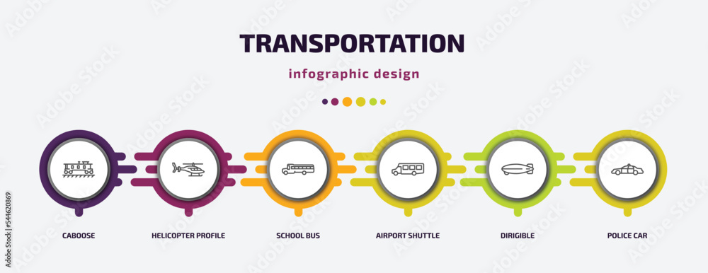 transportation infographic template with icons and 6 step or option. transportation icons such as caboose, helicopter profile, school bus, airport shuttle, dirigible, police car vector. can be used transportation infographic template with icons and 6 step or option. transportation icons such as caboose, helicopter profile, school bus, airport shuttle, dirigible, police car vector. can be used