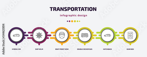 transportation infographic template with icons and 6 step or option. transportation icons such as hybrid car, ship helm, boat front view, double decker bus, hatchback, gear box vector. can be used