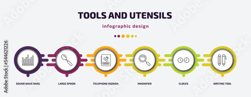 tools and utensils infographic template with icons and 6 step or option. tools and utensils icons such as sound wave bars, large spoon, telephone agenda, magnifier, clocks, writing tool vector. can