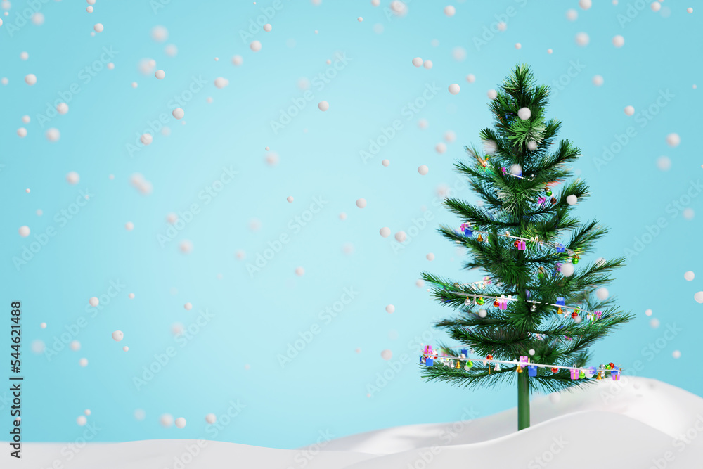 3d illustration blue background mockup xmas and happy new year elegant with snowing in winter holiday celebration christmas tree snow gift gold
