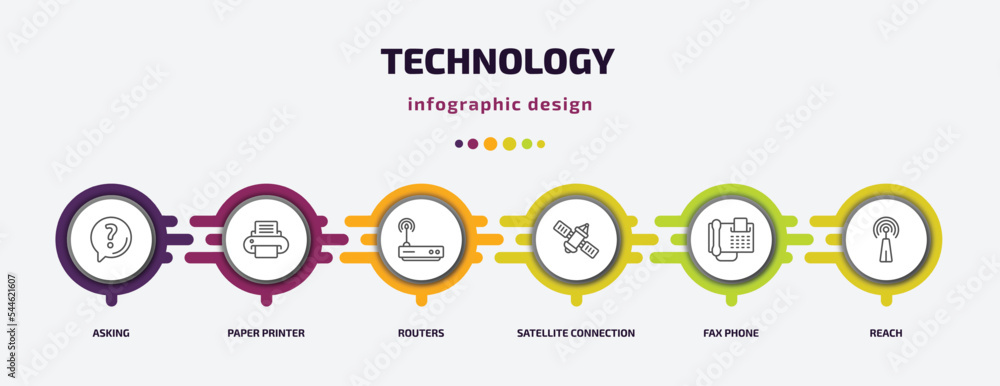 technology infographic template with icons and 6 step or option. technology icons such as asking, paper printer, routers, satellite connection, fax phone, reach vector. can be used for banner, info technology infographic template with icons and 6 step or option. technology icons such as asking, paper printer, routers, satellite connection, fax phone, reach vector. can be used for banner, info