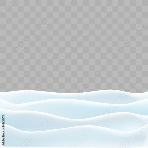 Snowdrifts isolated on png background. Snow landscape decoration, frozen hills. Empty snowbanks field. Christmas vector illustration. Transparent background.