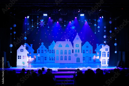 Theatrical scene without actors, scenic colorful light and smoke