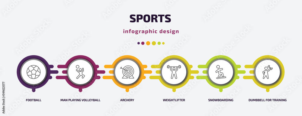 sports infographic template with icons and 6 step or option. sports icons such as football, man playing volleyball, archery, weightlifter, snowboarding, dumbbell for training vector. can be used for sports infographic template with icons and 6 step or option. sports icons such as football, man playing volleyball, archery, weightlifter, snowboarding, dumbbell for training vector. can be used for