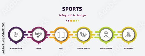 sports infographic template with icons and 6 step or option. sports icons such as sprained ankle, balls, foil, karate fighter, golf champion, waterpolo vector. can be used for banner, info graph,