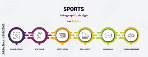 sports infographic template with icons and 6 step or option. sports icons such as ninja shuriken, stretching, hockey arena, roller skate, hockey puck, two boxing gloves vector. can be used for