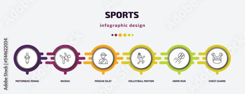 sports infographic template with icons and 6 step or option. sports icons such as motorbike riding, wushu, pencak silat, volleyball motion, home run, chest guard vector. can be used for banner, info