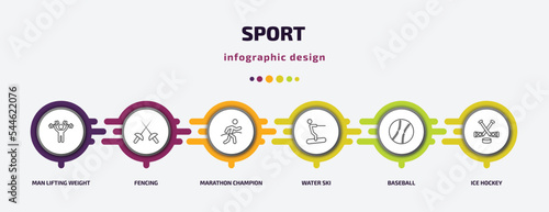 sport infographic template with icons and 6 step or option. sport icons such as man lifting weight, fencing, marathon champion, water ski, baseball, ice hockey vector. can be used for banner, info
