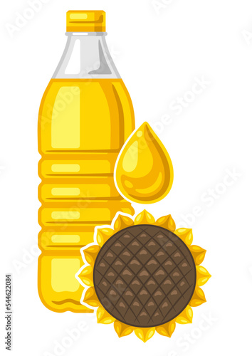 Illustration of plastic bottle with sunflower oil. Image for culinary and agriculture.