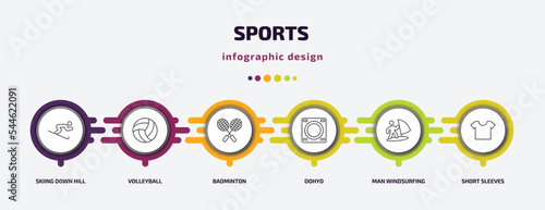 sports infographic template with icons and 6 step or option. sports icons such as skiing down hill, volleyball, badminton, dohyo, man windsurfing, short sleeves vector. can be used for banner, info