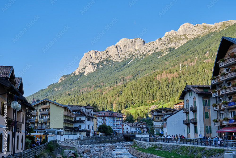 View of city of Moena in the Dolomites, Italy