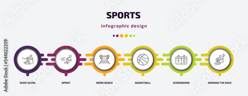 sports infographic template with icons and 6 step or option. sports icons such as skier skiing, sprint, work bench, basketball, scoreboard, winning the race vector. can be used for banner, info