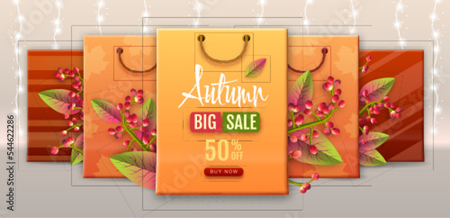 Autumn big sale typography poster with autumn leaves and shopping bags. Nature concept. Vector illustration