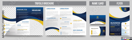 Business Trifold Brochure, Name Card and Business Flyer template. Gradient Blue Corporate Design Leaflet with space for images. fully editable with CMYK color. Vector