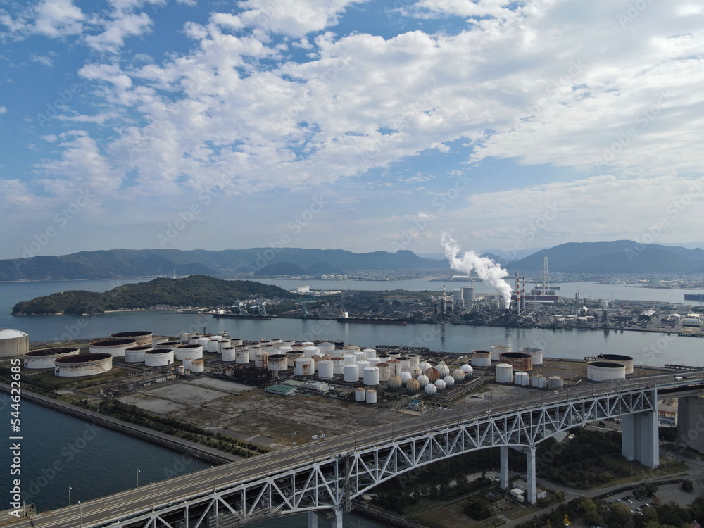 瀬戸大橋と工場地帯の空撮写真