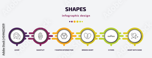 shapes infographic template with icons and 6 step or option. shapes icons such as lover, gauntlet, y shaped intersection, broken heart, 5 stars, heart with shine vector. can be used for banner, info