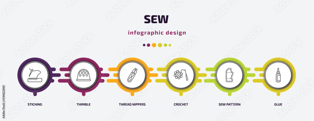 sew infographic template with icons and 6 step or option. sew icons such as stiching, thimble, thread nippers, crochet, sew pattern, glue vector. can be used for banner, info graph, web, sew infographic template with icons and 6 step or option. sew icons such as stiching, thimble, thread nippers, crochet, sew pattern, glue vector. can be used for banner, info graph, web,