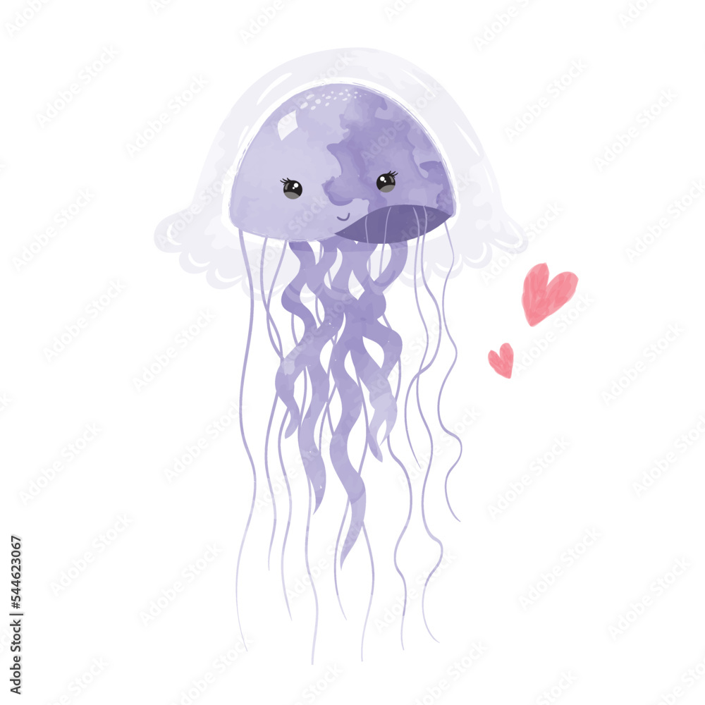 Cute jellyfish vector illustration, ocean animals, watercolor vector print  for wall decor in children's bedroom, t shirt prints. Stock Vector