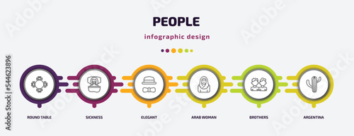 people infographic template with icons and 6 step or option. people icons such as round table, sickness, elegant, arab woman, brothers, argentina vector. can be used for banner, info graph, web,