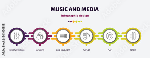 music and media infographic template with icons and 6 step or option. music and media icons such as music player tings, castanets, bold double bar line, playlist, flat, repeat vector. can be used