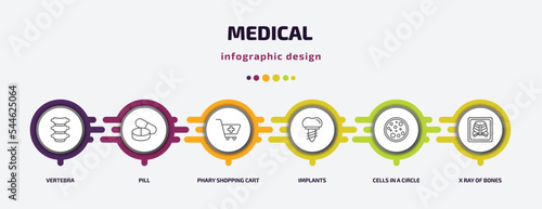 medical infographic template with icons and 6 step or option. medical icons such as vertebra, pill, phary shopping cart, implants, cells in a circle, x ray of bones vector. can be used for banner,