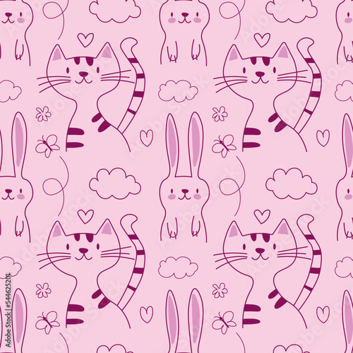 Hand drawn line art cartoon doodle animal seamless pattern in vector. Repeated animal illustrations on the pink background EPS