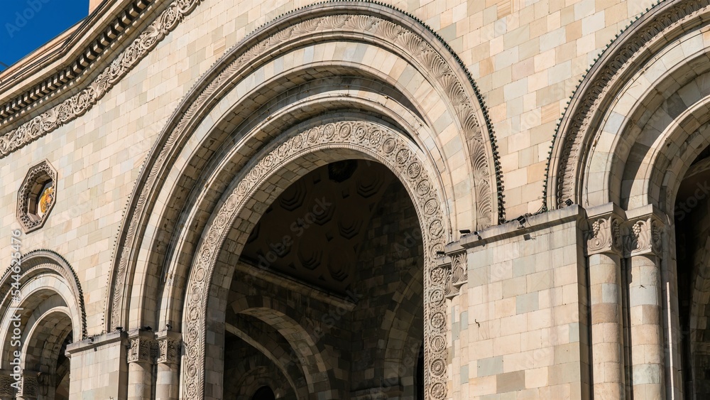 Armenia, Yerevan, September 2022. A fragment of the pediment of the historical museum.