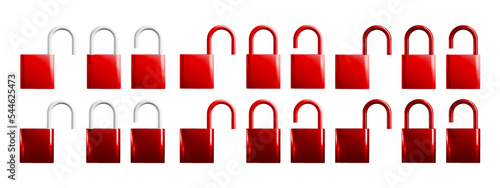 3d lock vector illustration. Realistic locked, unlocked, open, closed volumetric padlock.