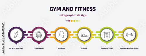 gym and fitness infographic template with icons and 6 step or option. gym and fitness icons such as fitness bracelet, ball, skip rope, push up, bar exercising, barbell weightlifting vector. can be