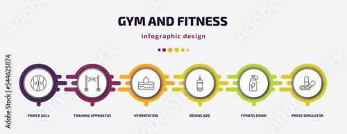 gym and fitness infographic template with icons and 6 step or option. gym and fitness icons such as power ball, training apparatus, hydratation, boxing bag, fitness drink, press simulator vector.