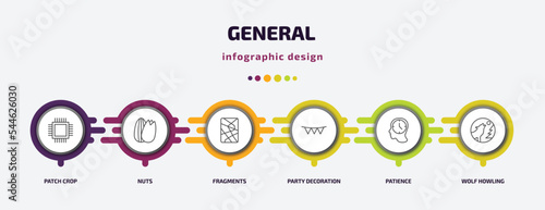 general infographic template with icons and 6 step or option. general icons such as patch crop, nuts, fragments, party decoration, patience, wolf howling vector. can be used for banner, info graph,