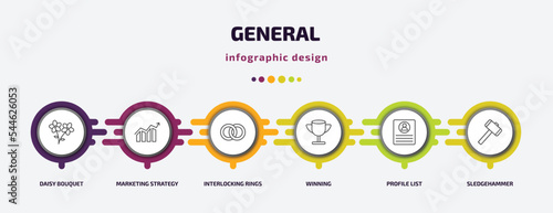 general infographic template with icons and 6 step or option. general icons such as daisy bouquet, marketing strategy, interlocking rings, winning, profile list, sledgehammer vector. can be used for