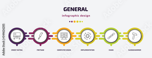 general infographic template with icons and 6 step or option. general icons such as credit rating, fretsaw, computer vision, implementation, chain, sledgehammer vector. can be used for banner, info