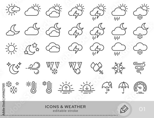 Set of conceptual icons. Vector icons in flat linear style for websites, applications and other graphic resources. A set from the series - Weather forecast. Editable stroke icon. photo