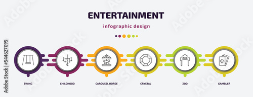 entertainment infographic template with icons and 6 step or option. entertainment icons such as swing, childhood, carousel horse, crystal, zoo, gambler vector. can be used for banner, info graph,