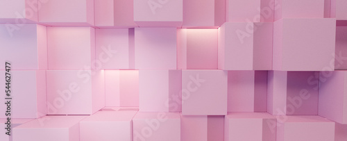 Pink colored, organic looking boxes. Stacked at various positions. Randomly lit. Product advertisement template for health or beauty product.