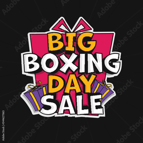 3D Big Boxing Day Sale Text With Gift Boxes Over Pink Large Box In Sticker On Black Background.