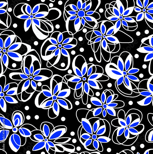 Floral black and white pattern on a black background with blue petals, abstract design, seamless background.