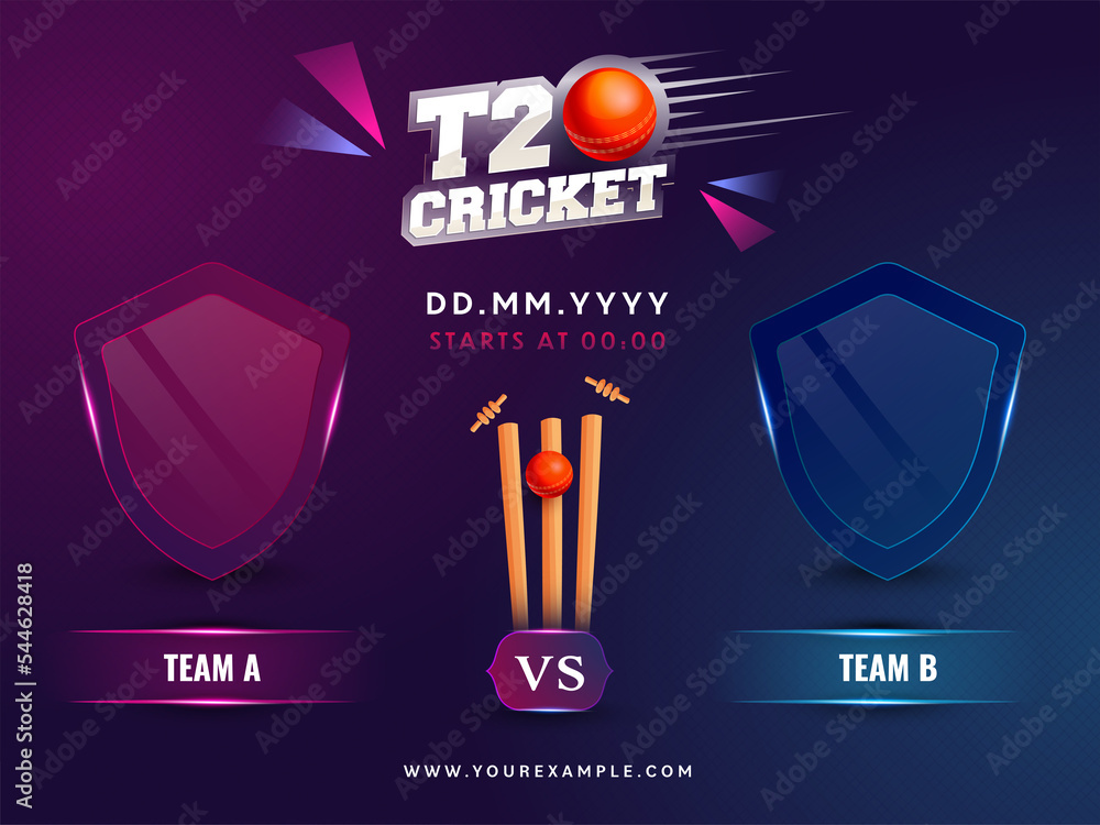 T20 Cricket Match Between Team A VS B With Empty Shield, Red Ball Hitting  Wicket Stump On Gradient Purple And Blue Criss Cross Pattern Background.  Stock Vector